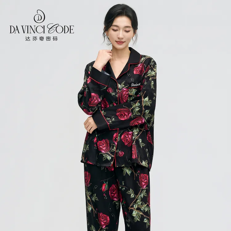 达芬奇密码2025年新款黑金玫瑰花苞领睡衣女春秋长袖家居服套装