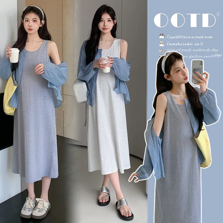 孕妇夏季套装2025新款宽松背心裙夏天薄款防晒衬衫显瘦长裙两件套
