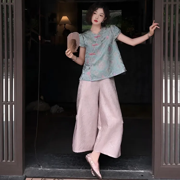 2025年夏季一整套气质高级新中式国风印花立领短袖上韩系夏天衣服