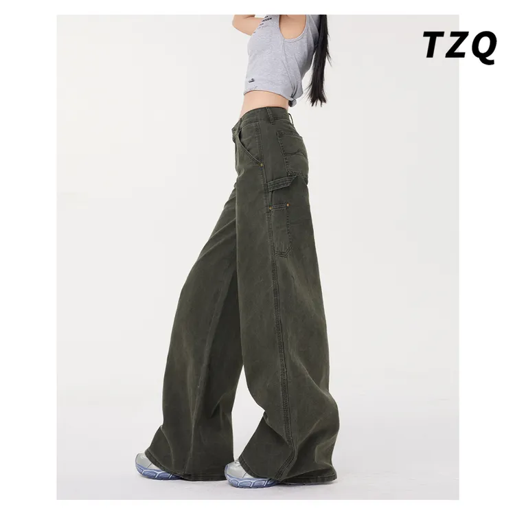 军绿色高腰工装直筒牛仔裤女款爆款2025新款百搭显瘦宽松阔腿裤子