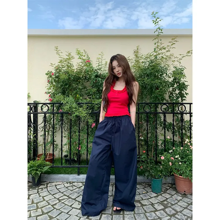 2025夏季新款显瘦修身无袖上衣高级设计感慵懒风直筒简约宽松长裤