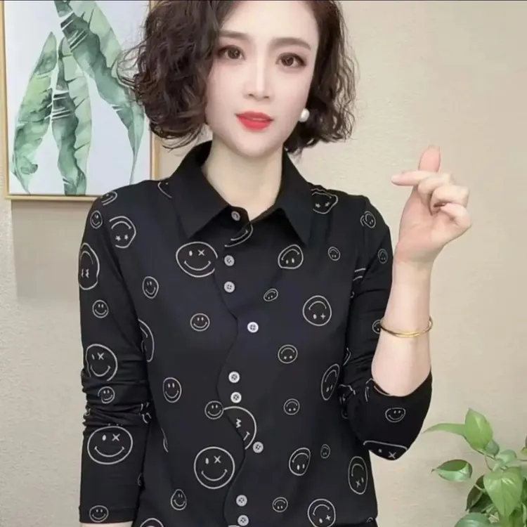 2025开春气质百搭显瘦新款洋气印花翻领长袖套头衬衫女上衣大码潮
