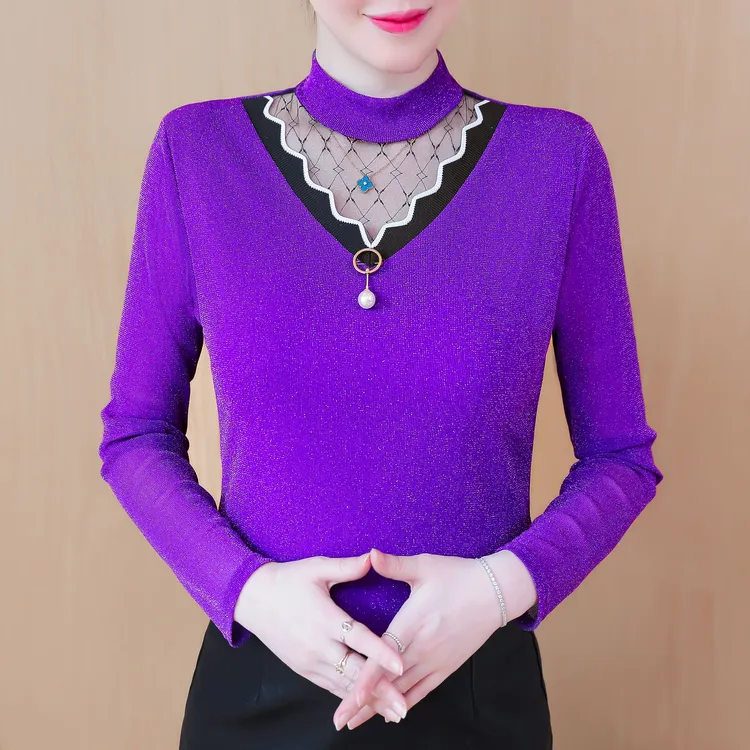半高领彩色打底衫女长袖t恤秋冬加绒内搭可外穿网纱银丝保暖上衣 