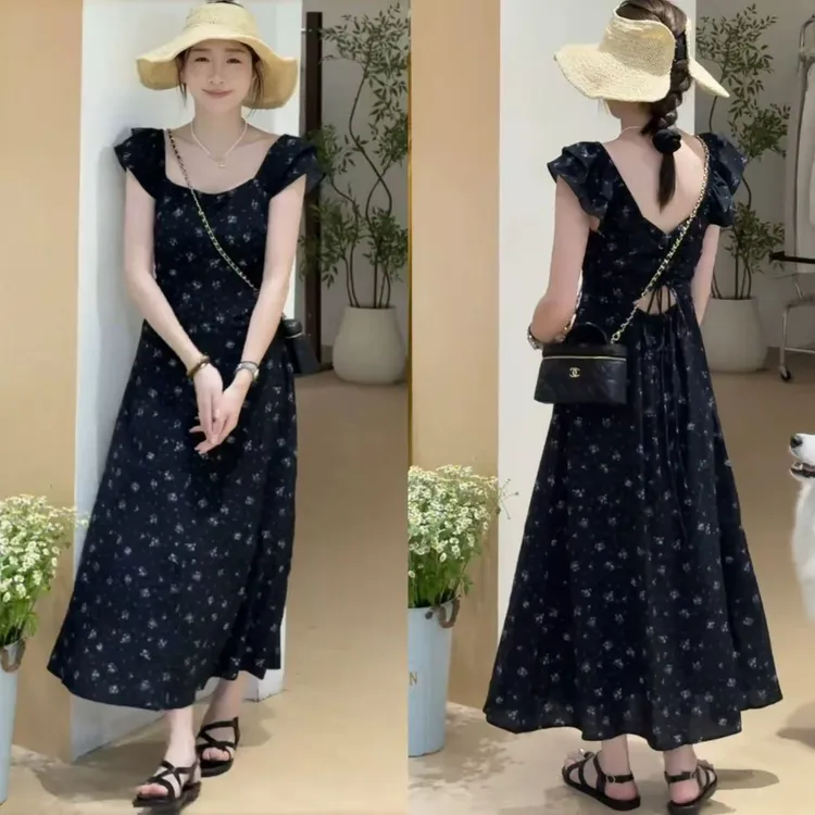 碎花小飞袖大码连衣裙高个子复古连衣裙拼接夏季长裙6519