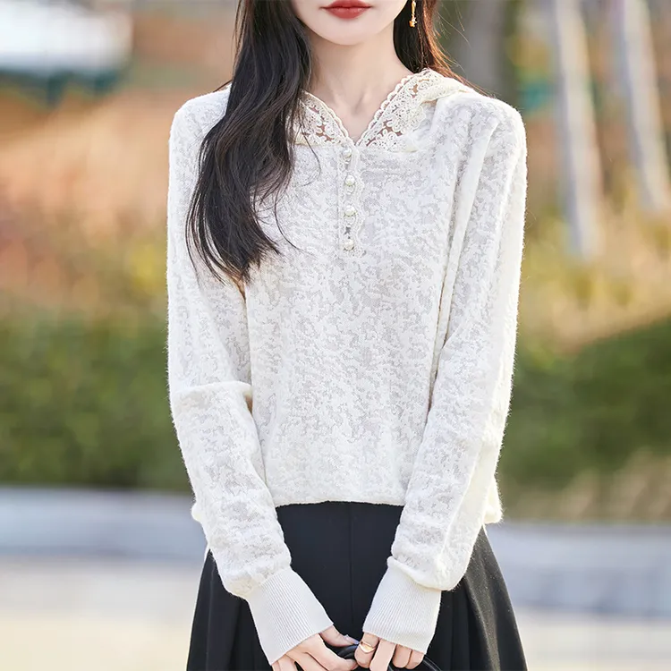 【蕾丝连帽】新款欧若风设计感针织衫女时尚洋气百搭镂空钩花毛衣