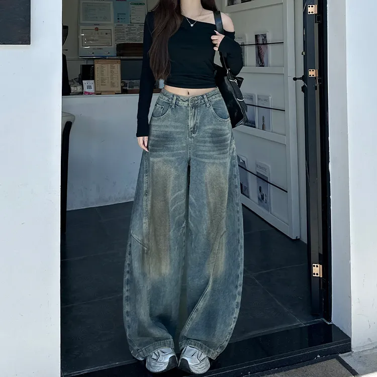 美式喷脏泼墨复古弯刀阔腿牛仔裤女2025秋季新款设计感宽松百搭