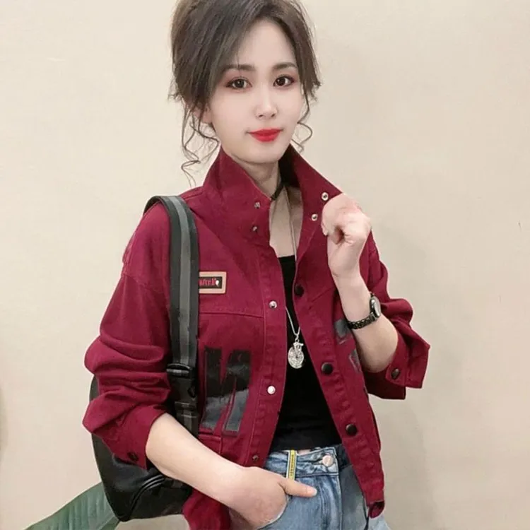 2025春秋季新款女士时尚爆款立领牛仔短外套洋气减龄字母夹克上衣