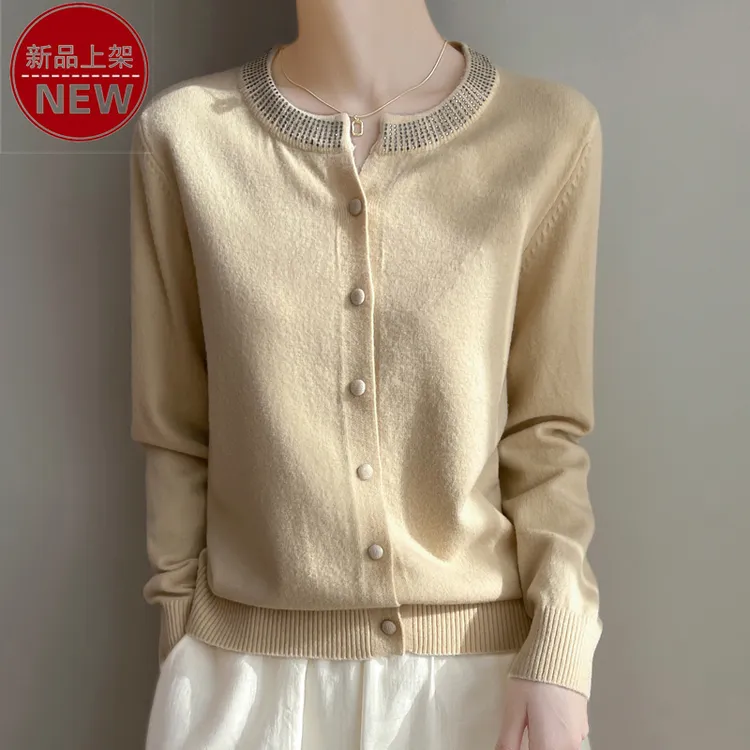 哥弟阿玛施正品2025新款圆领领口烫钻轻奢气质百搭休闲针织开衫女