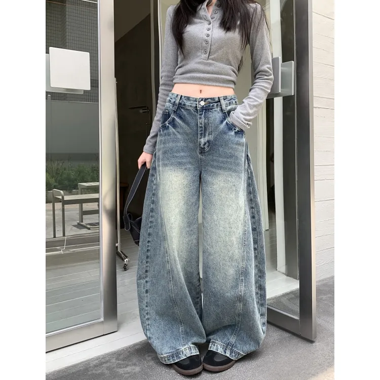 美式复古做旧蓝色牛仔裤女秋季新款高腰百搭显瘦宽松阔腿拖地长裤