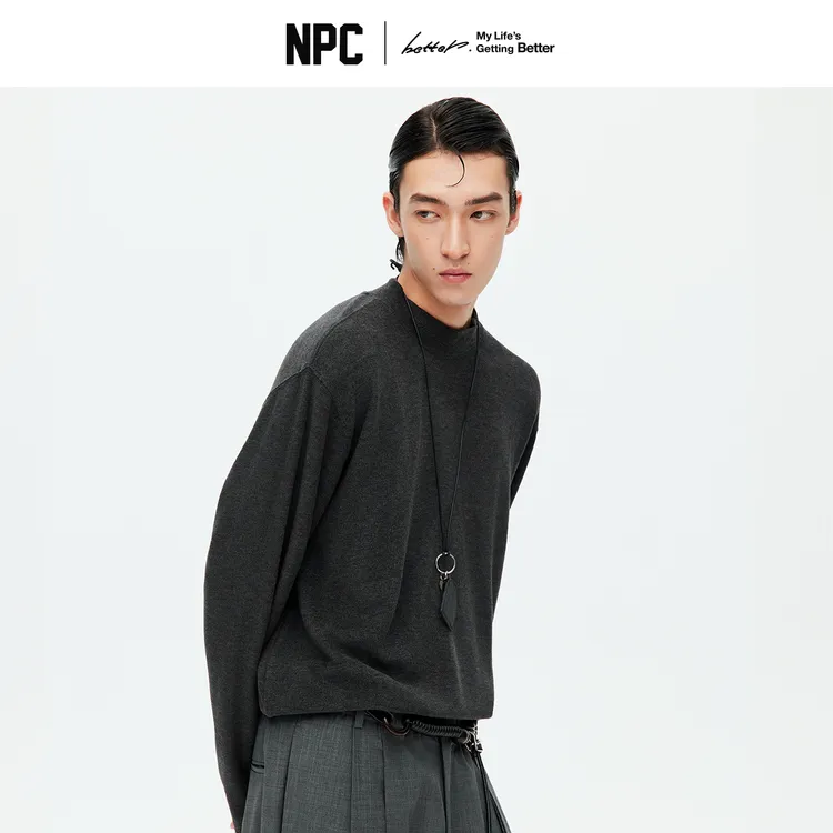 NPC潮牌领口字母印花双面绒长袖T恤男半高领打底衫秋上新NP58TL20