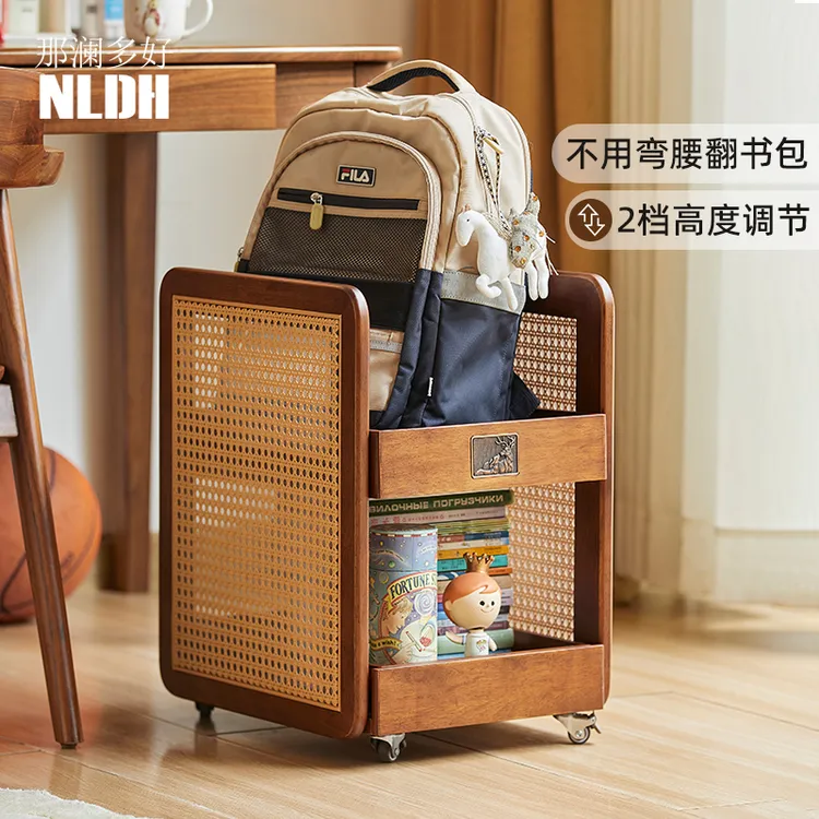 实木藤编书包置物架可移动书本双层小推车家用学生书本收纳架