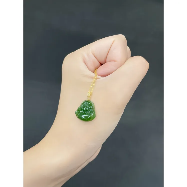 拾珍和田玉吊坠迷你佛公天然碧玉精工雕刻18K金佛公吊坠精选百搭