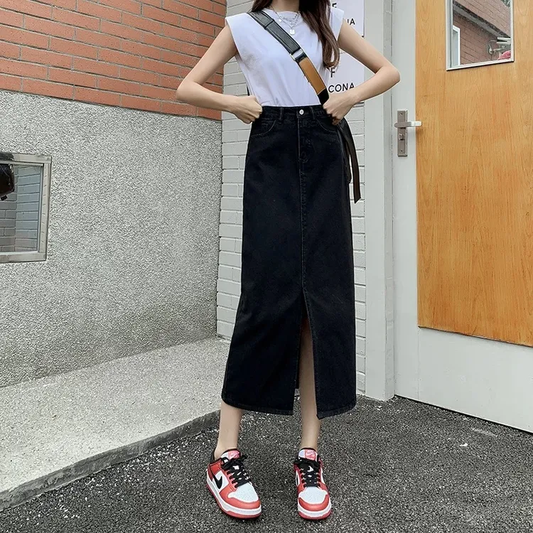 秋季冬季长裙牛仔半身女小个子中长款显瘦前开叉高腰A字牛仔裙