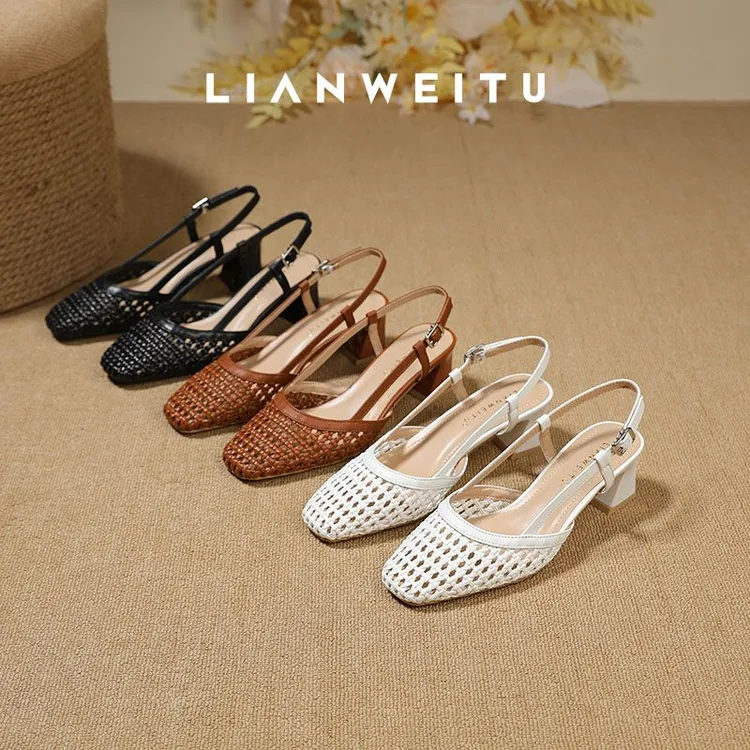 2025夏季新款编制高跟凉鞋羊皮版真皮包头中跟软面软底镂空凉鞋女