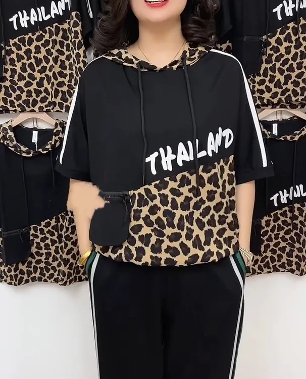 大码印花休闲风连帽款条纹短袖T恤潮流拼接韩版夏季小衫