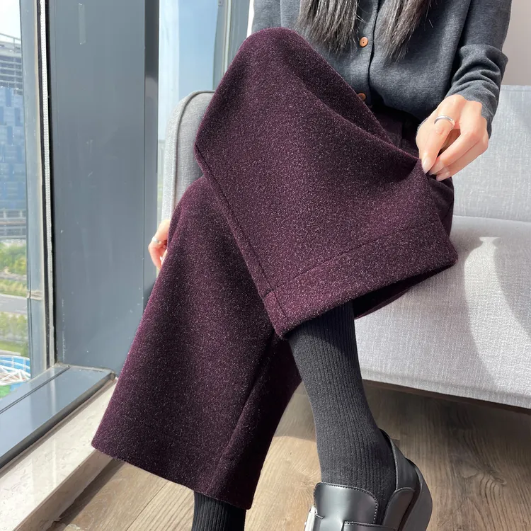 宽松兔毛呢阔腿裤女高腰小个子秋冬款时尚显瘦休闲九分直筒呢子裤