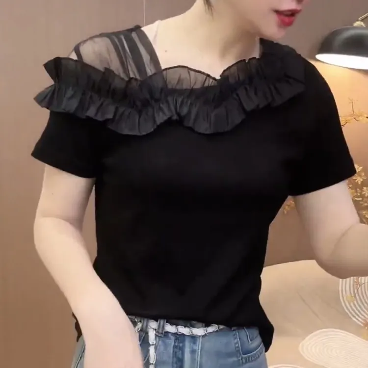 新品夏季不规则百搭洋气设计漏肩显瘦荷叶边T恤LK2502592