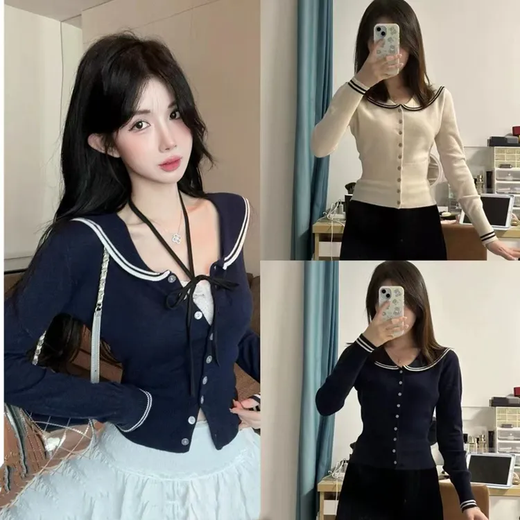 海军领针织开衫女初秋早秋季小香风显瘦翻领毛衣外套上衣春秋