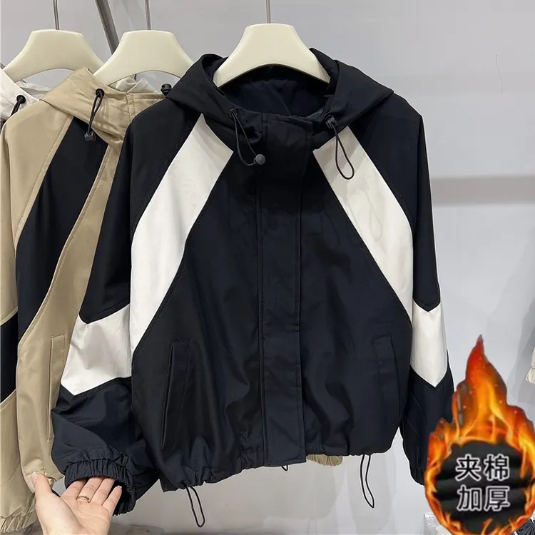 秋季拼色小个子连帽冲锋衣外套女夹克上衣设计感工装棒球服休闲