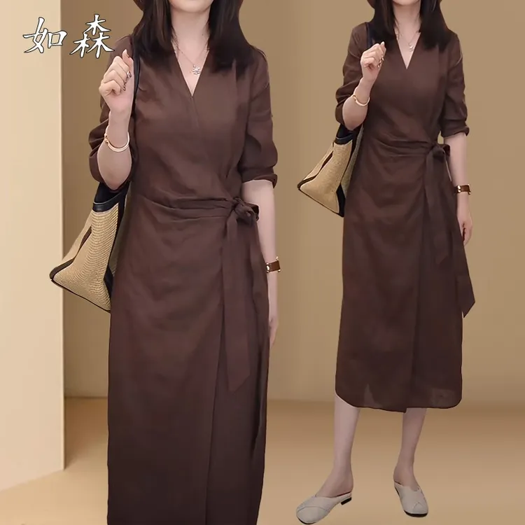 高级感宽松气质亚麻系带长裙子女2025春秋新款中式显瘦V领连衣裙