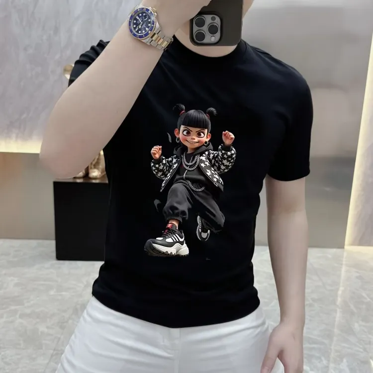 新款夏季国潮个性哪吒印花高级设计男款百搭痞帅搭圆领纯棉短袖