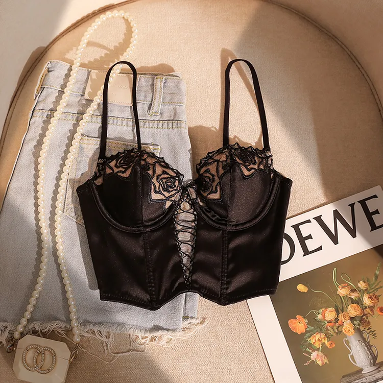 纯欲辣妹蕾丝拼接鱼骨吊带黑色背心女打底性感美背聚拢修身胸衣