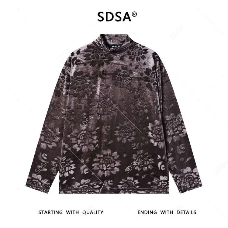 SDSA男士秋冬新款痞帅男装时尚简约植绒花卉半高领长袖T恤百搭潮