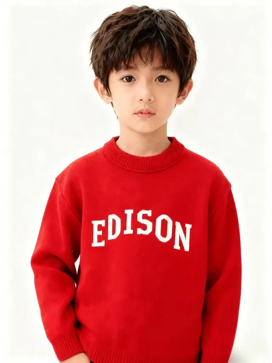 2025新款加厚圆领宝宝秋冬男童女童极简风保暖红色男童毛衣针织衫