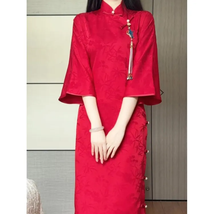 画报夫人抹茶春秋新款旗袍红色中式结婚订婚礼服红色旗袍裙子