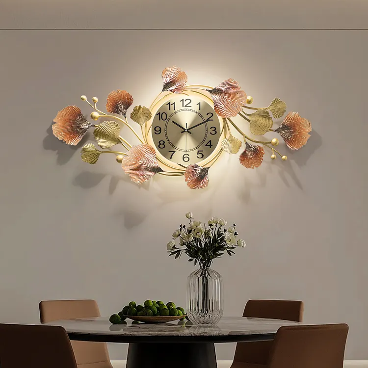 2025新款银杏叶挂钟创意餐厅装饰钟表时尚静音挂表轻奢新中式时钟