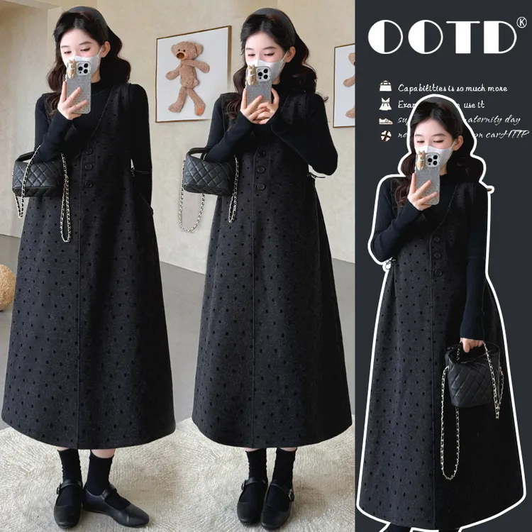 【苏遇婉】2025秋冬新款洋气孕妇套装孕妈高级感穿搭毛呢波点背心裙