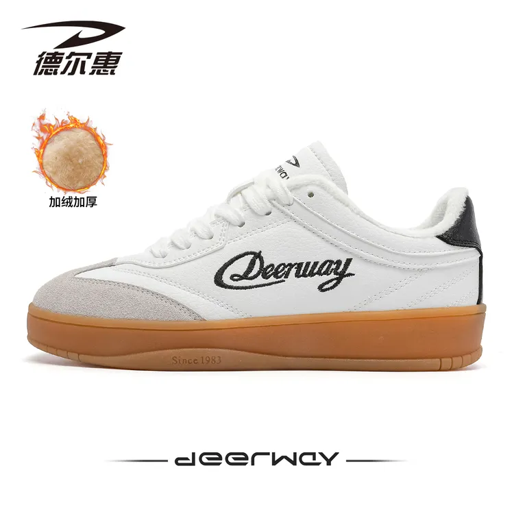 德尔惠女鞋2025冬季新款德训鞋加绒保暖复古百搭板鞋休闲运动鞋子