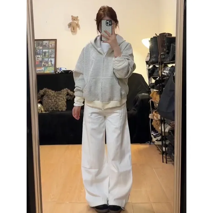 2025春秋季新款流光风撞色条纹连帽开衫卫衣女百搭通勤拉链外套潮