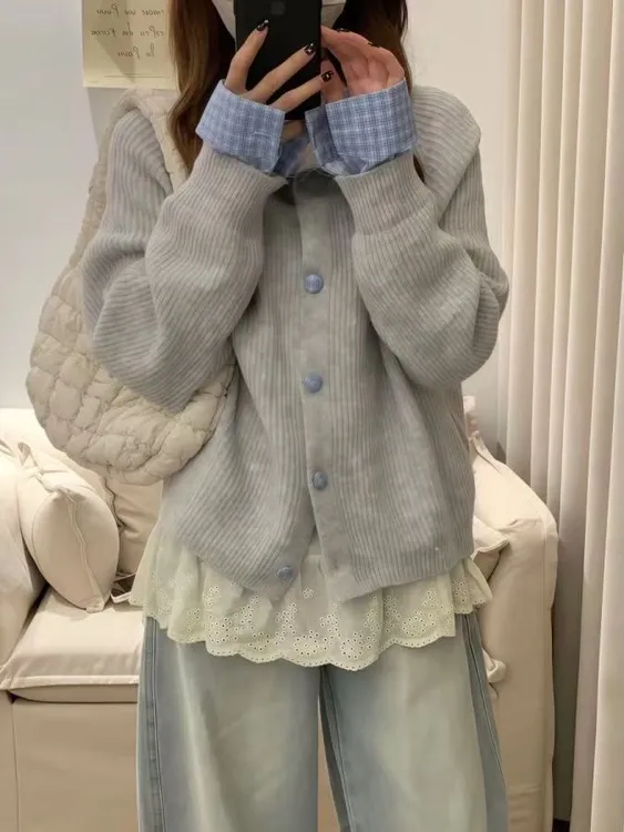 韩系复古灰色翻领长袖针织开衫女秋季新款慵懒风宽松显瘦外套