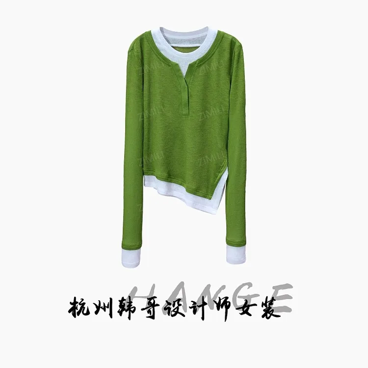 【韩哥女装】2025新品牛油果绿拼接不规则下摆高弹打底上衣8652-A3