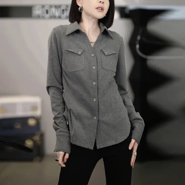韩系灰色长袖衬衣衬衫外套女秋冬2025新款设计感洋气通勤百搭上衣