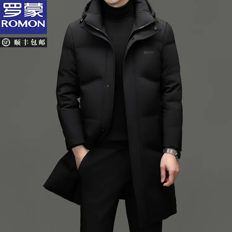 罗蒙男装羽绒服中长款2025新款男士冬季保暖白鸭绒大码连帽厚外套