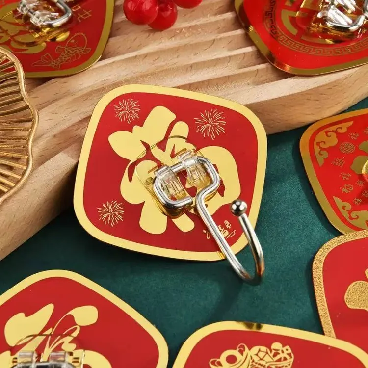 10个装新款福字红色喜庆挂钩强力粘胶免打孔无痕贴粘钩中国结钩子