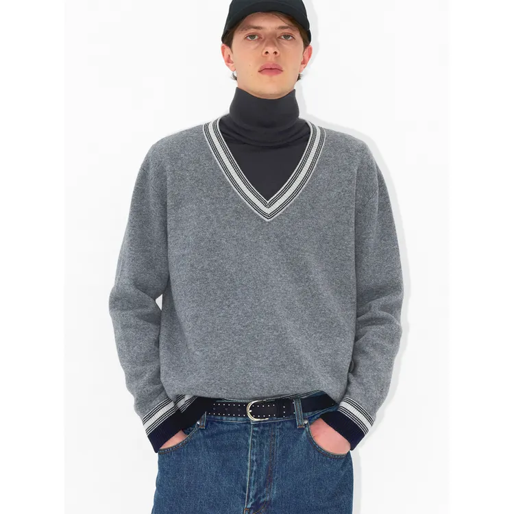 UNICAHOMME撞色V领绵羊毛针织衫男士