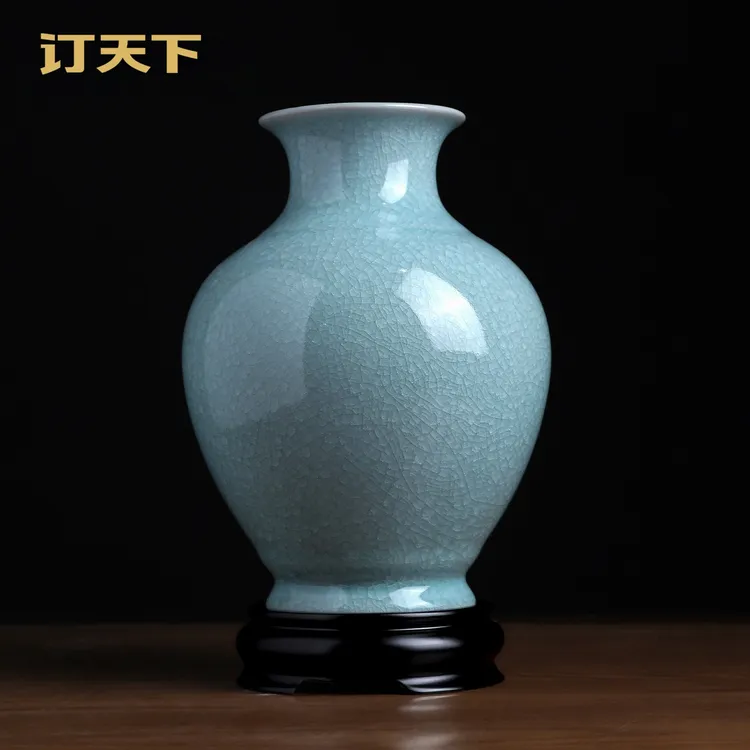 陶瓷汝窑天球瓶花瓶花插摆件青瓷仿古中式客厅电视柜装饰乔迁送礼