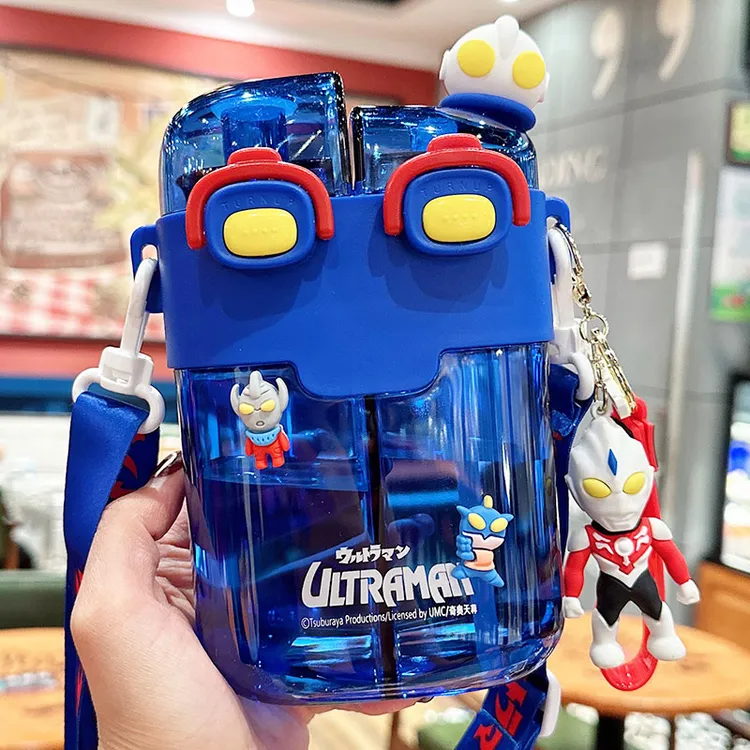 奥特曼儿童水杯男孩分仓双饮吸管杯小学生夏季上学专用便携塑料杯