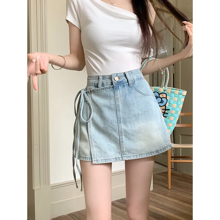 假两件牛仔短裤裙女夏季高腰不规则设计感绑带裙裤小个子辣妹裤子