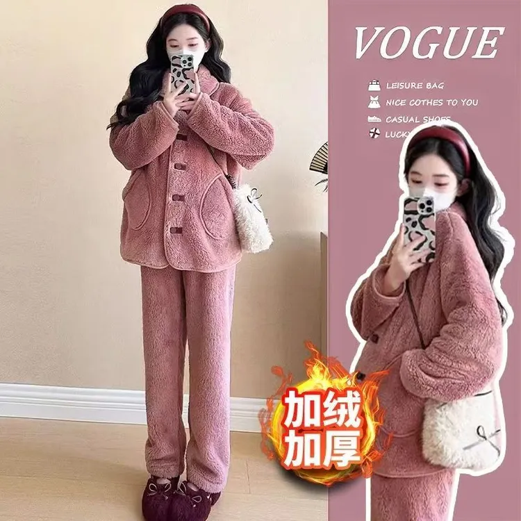 【琐温保暖】轻奢爆款雪花绒大翻领休闲可外穿加厚家居服套装睡衣