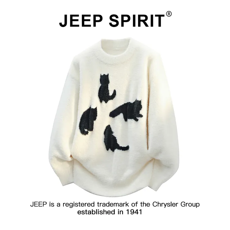JEEPSPIRIT吉普撞色猫咪剪影圆领毛衣男女款潮流休闲宽松针织上衣