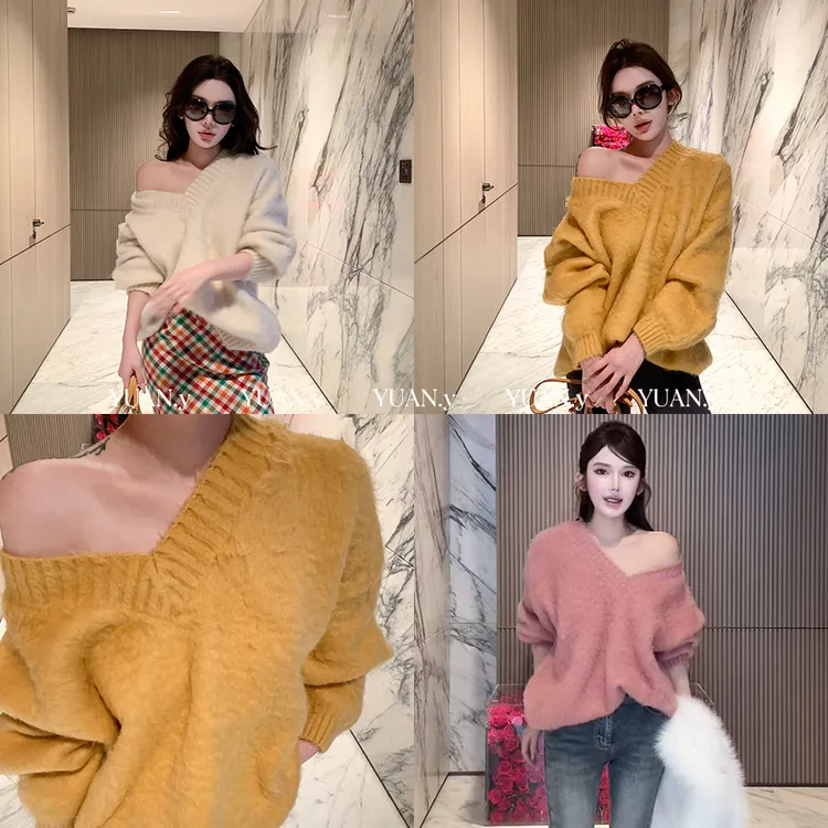 媛媛【秋颂日记】米白色斜肩毛衣女秋冬宽松慵懒不规则针织衫#M0551