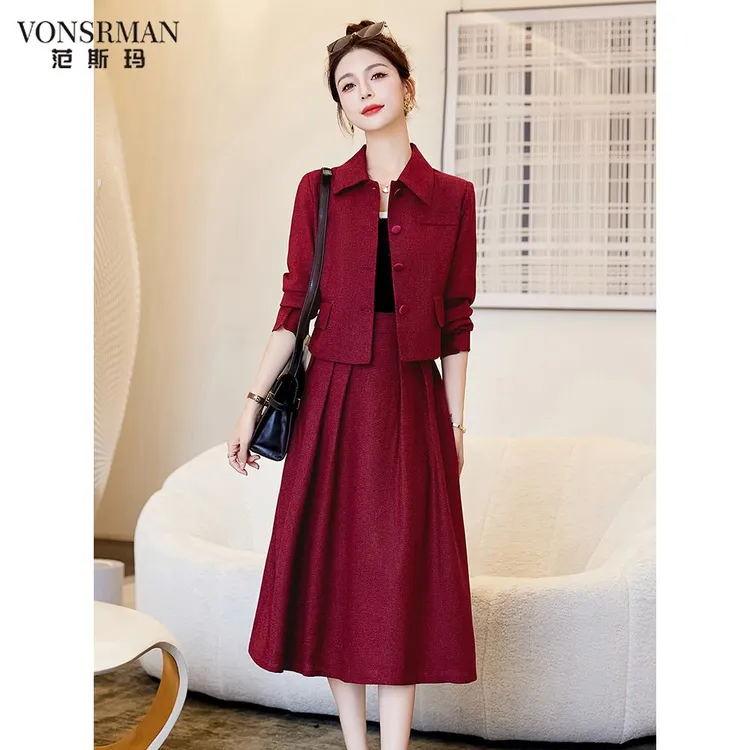 喜婆婆婚宴毛呢套装女2025秋冬新款结婚妈妈礼服外套半身裙两件套