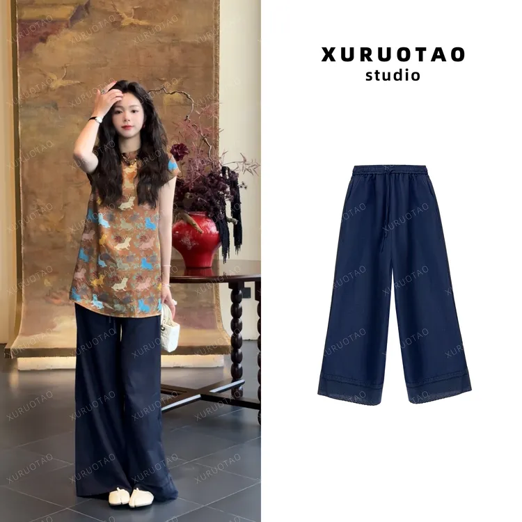 XURUOTAO 【藏蓝裤】亚麻直筒设计感显瘦高腰藏蓝色休闲裤 T5277