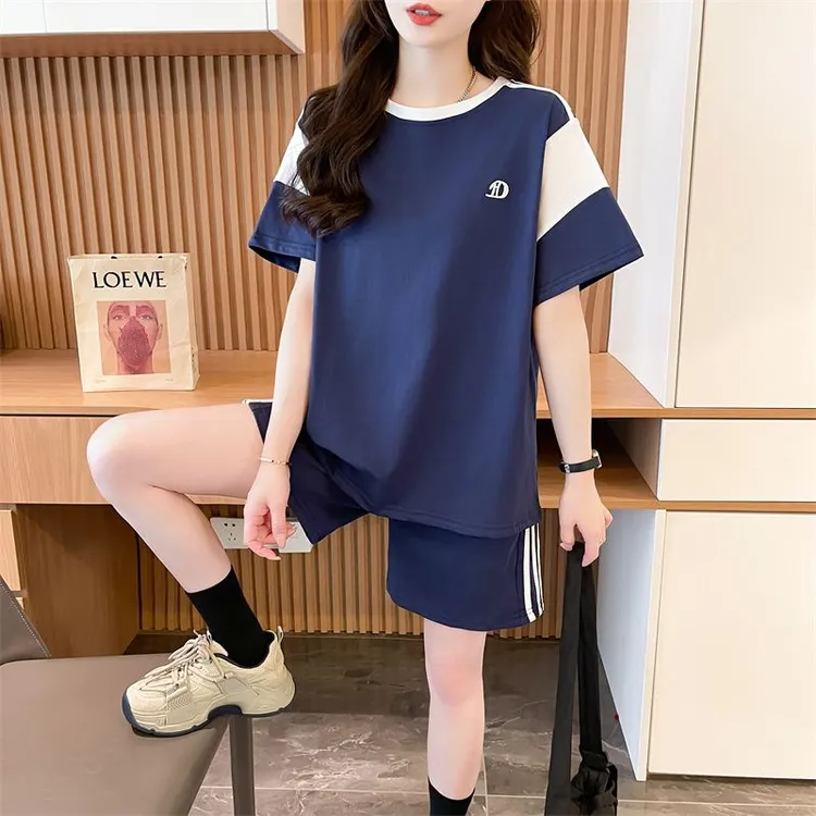 洋气时尚短袖套装女夏季2025韩版学生休闲宽松运动跑步短裤两件套
