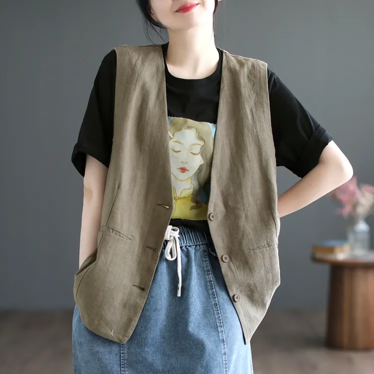纯色V领苎麻马甲外套女秋季2025年新款宽松简约薄款坎肩无袖马夹