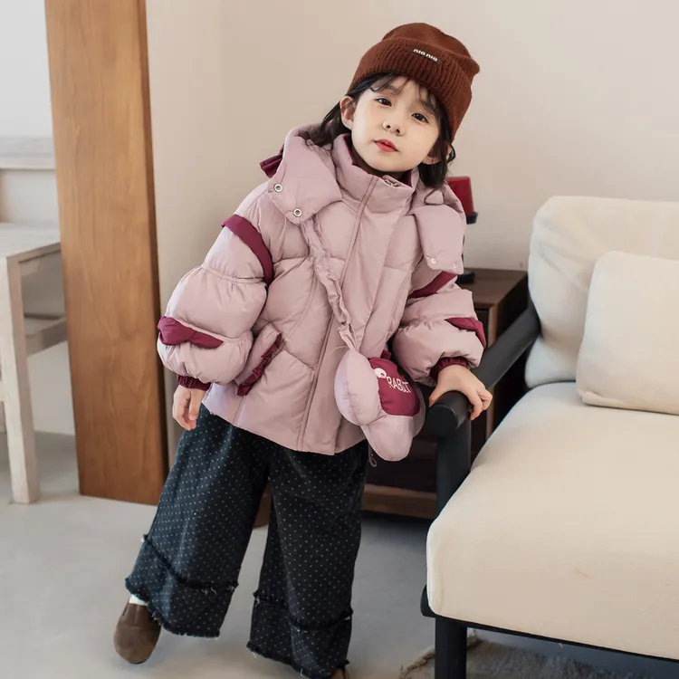 韩版中小童女童拉链休闲风加厚连帽羽绒服外套冬季